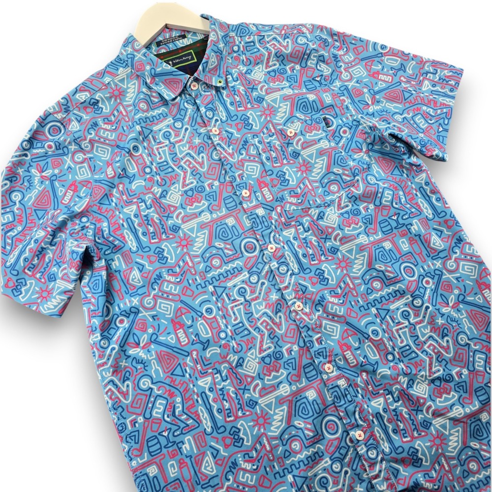 William Murray Golf Shirt Mens Large Blue Abstract Geometric Short Sleeve Button